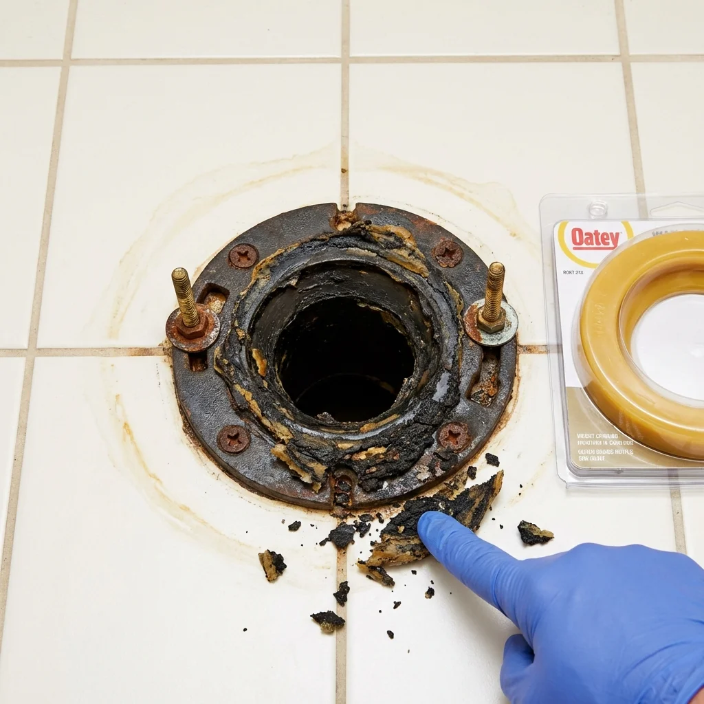 Failed wax ring showing water seepage at the base of a toilet in a Saint Marys, PA home