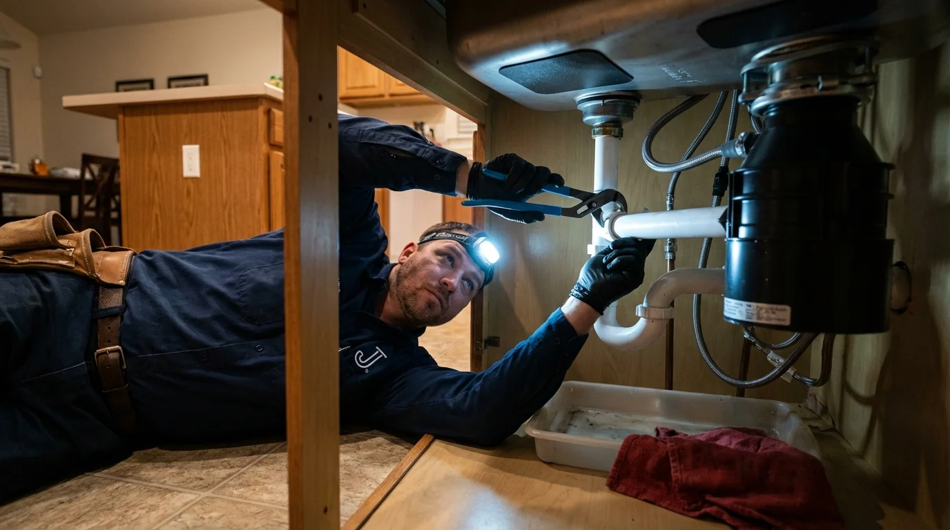 P-trap and supply line connections under a kitchen sink showing a common leak point in Saint Marys, PA